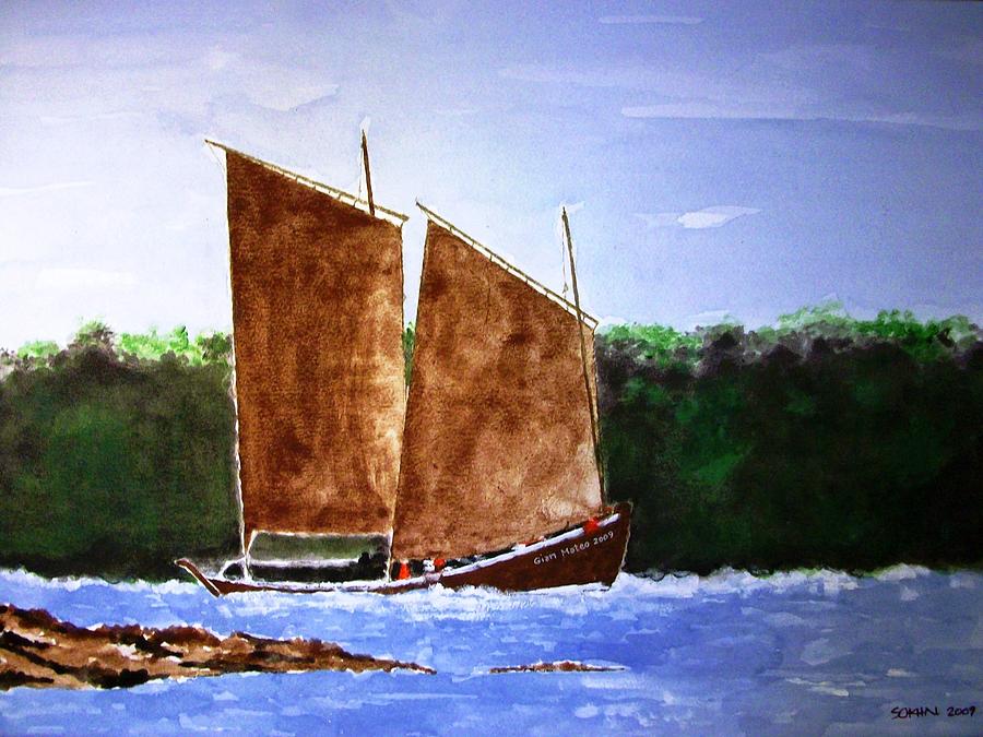 Boat Painting - Sailing In A River by Samir Sokhn