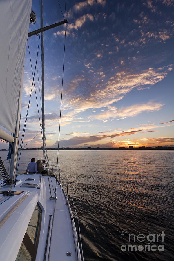 Sailboat Photograph - Sailing on the Charleston Harbor During Sunset by Dustin K Ryan