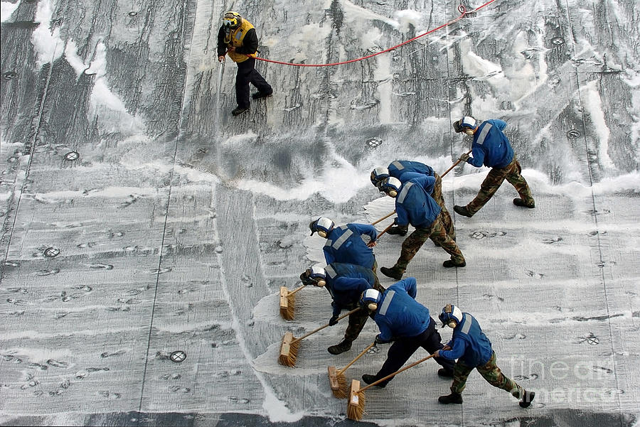 Broom Photograph - Sailors Conduct A Scrub Exercise by Stocktrek Images