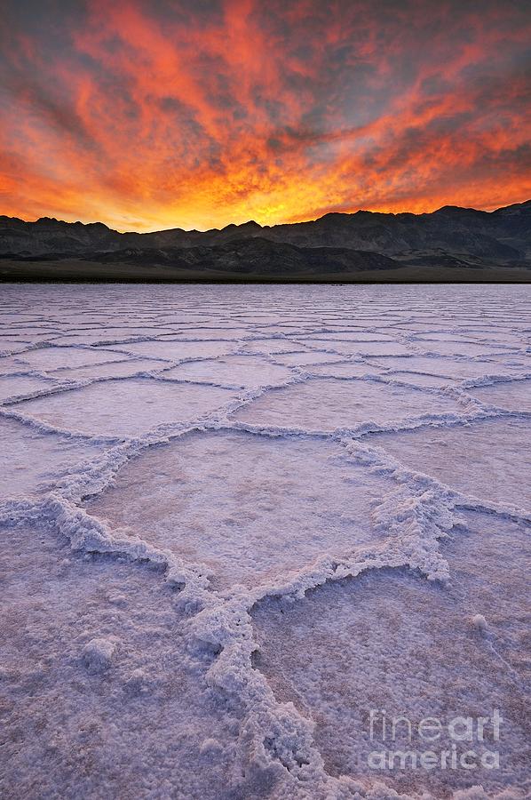 Fiery Sunrise Over Salt Patterns at Badwater  Photograph by Tom Schwabel