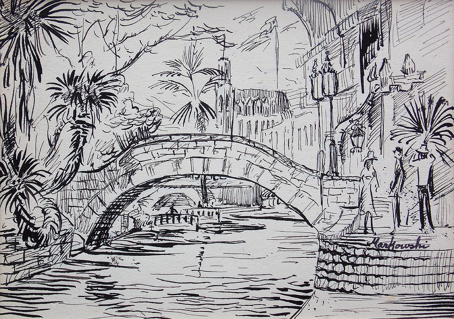 Boat Drawing - San Antonio River Bridge by Aileen Markowski