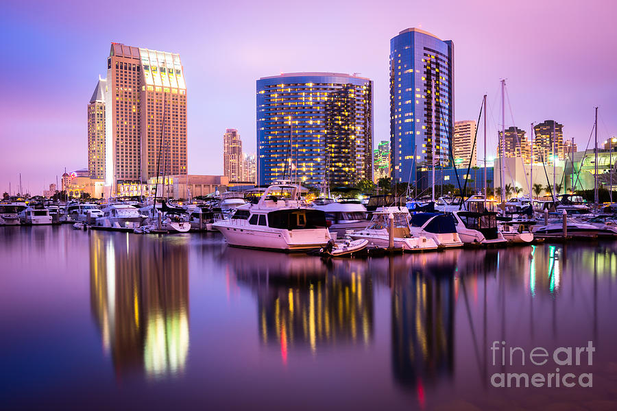 San Diego at Night with Marina Yachts Photograph by Paul Velgos