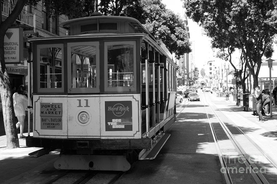 San Francisco Cable Cars at The Powell Street Cable Car Turnaround - 5D17962 - black and white Photograph by Wingsdomain Art and Photography