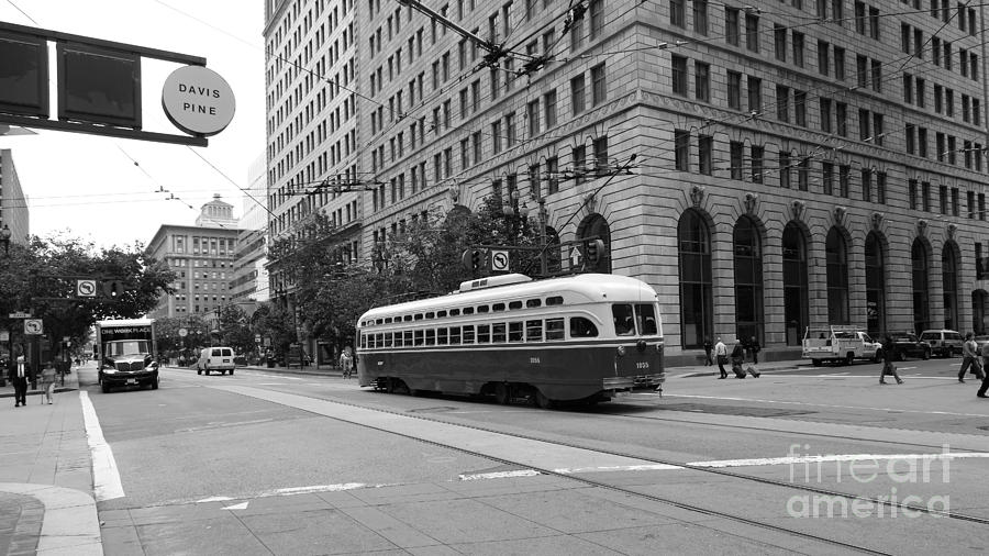 San Francisco Vintage Streetcar on Market Street - 5D17862 - black and white Photograph by Wingsdomain Art and Photography