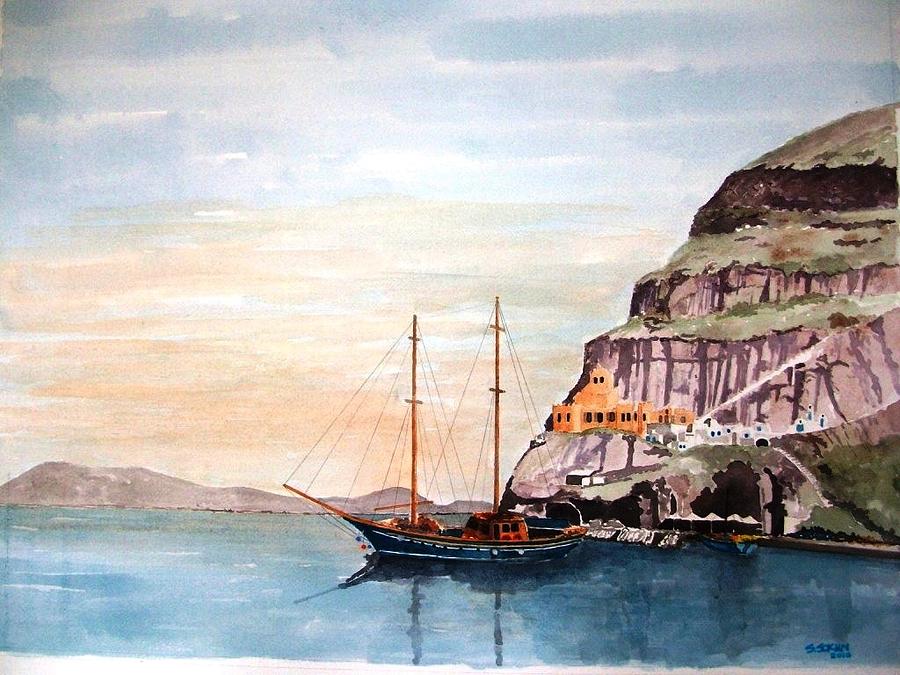 Island Painting - Santorini bay by Samir Sokhn