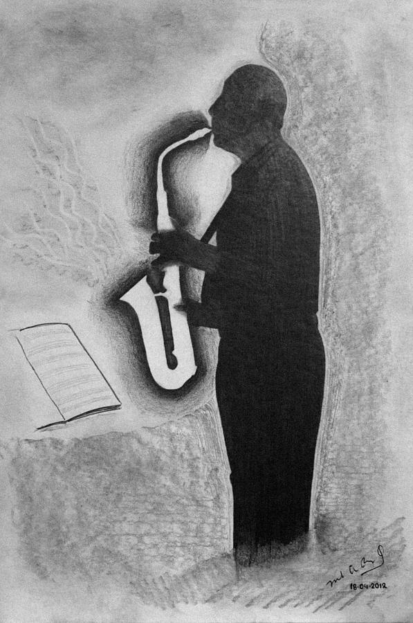 Music Drawing - Sax Player Silhouette by Miguel Rodriguez