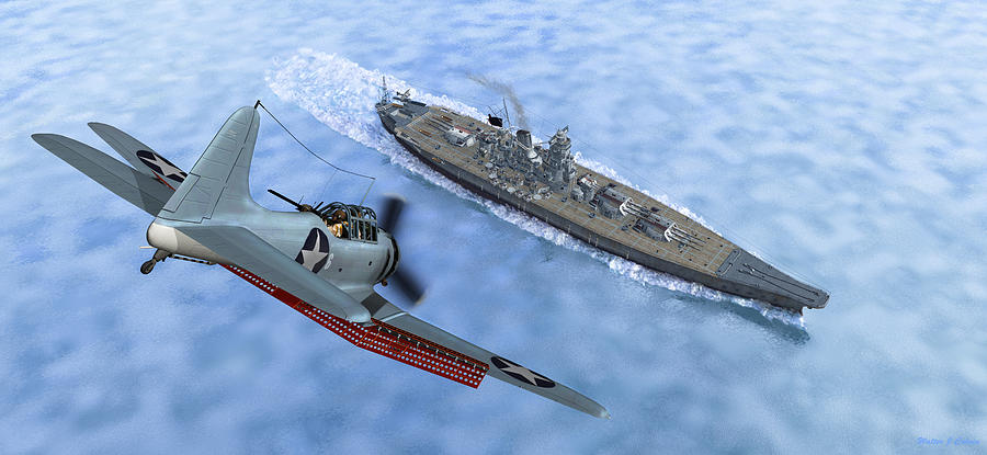 SBD Dive Bomber and Japanese Battleship Yamato Digital Art by Walter Colvin