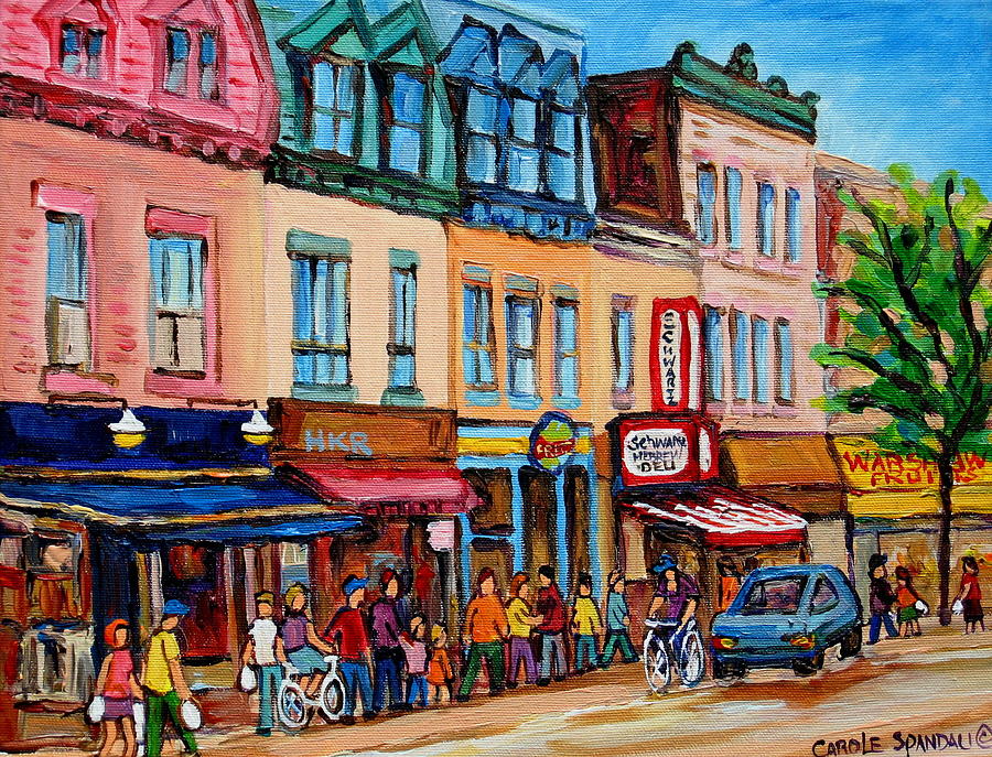 Schwartzs Hebrew Deli Montreal Street Scene Painting by Carole Spandau