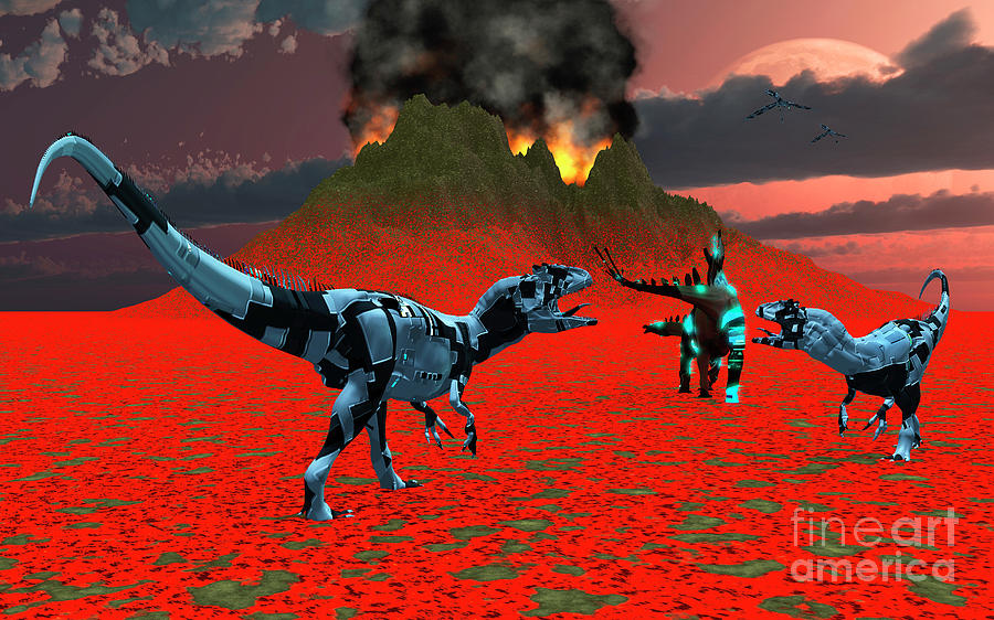 Dinosaur Digital Art - Sci-fi Scene Of A Pair Of Allosaurus by Mark Stevenson
