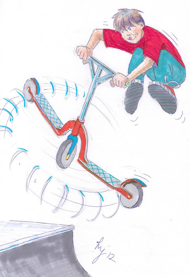 Scooter Trick Cartoon Drawing by Mike Jory