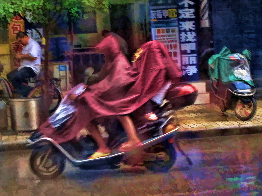 Scootering in the Rain - Guilin China Photograph by Helaine Cummins