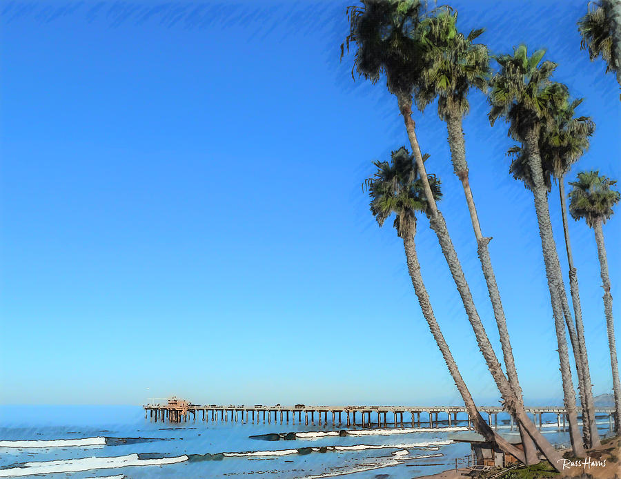Scripps Pier Palm Trees Painting by Russ Harris