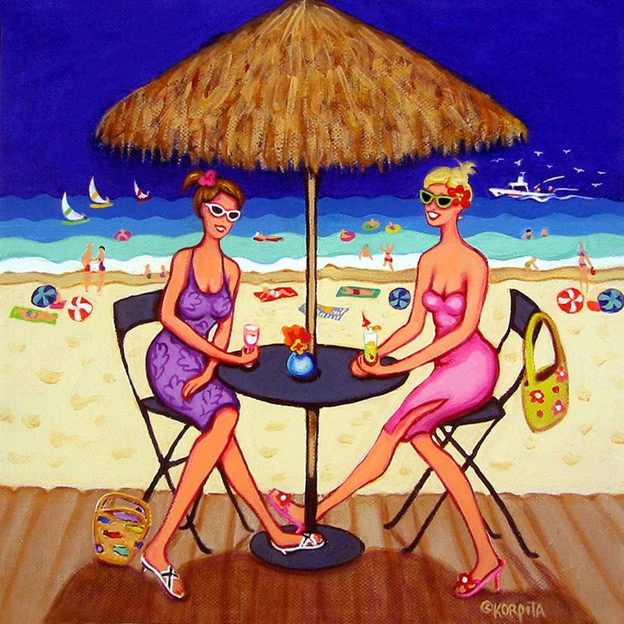 Sea for Two - Girlfriends at Beach Painting by Rebecca Korpita