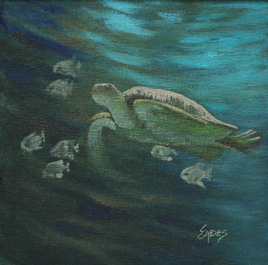 Sea Turtle and Fish Painting by Linda Eades Blackburn
