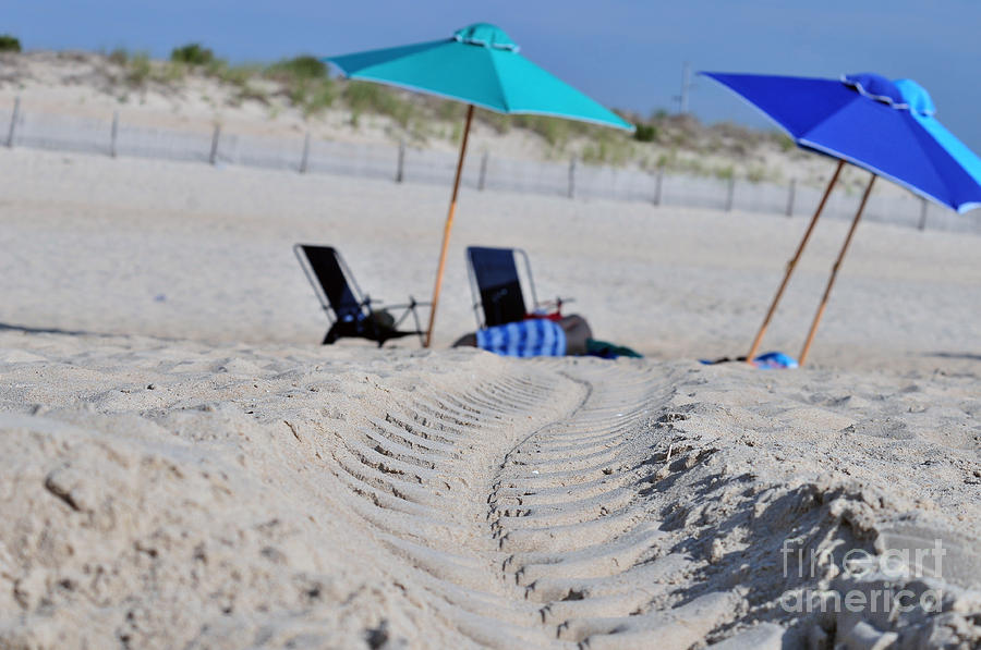Summer Photograph - seashore 82 Beach Chairs Beach Umbrella and Tire Treads in Sand by Terri Winkler