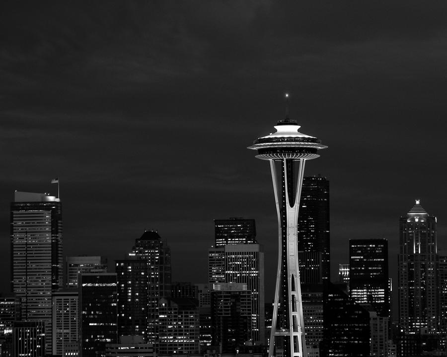 Seattle Skyline at Night in Black and White Photograph by Mark J Seefeldt