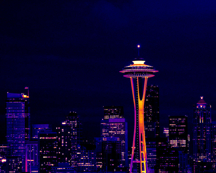 Seattle Skyline at Night in Thermal Color Photograph by Mark J Seefeldt