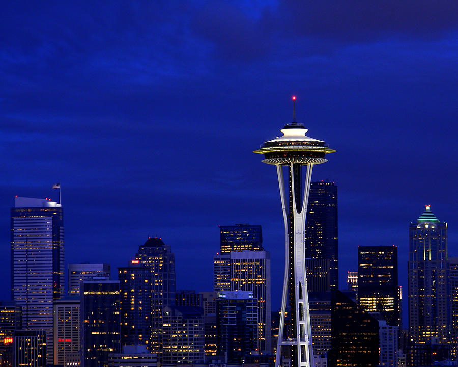 Seattle Skyline at Night Photograph by Mark J Seefeldt