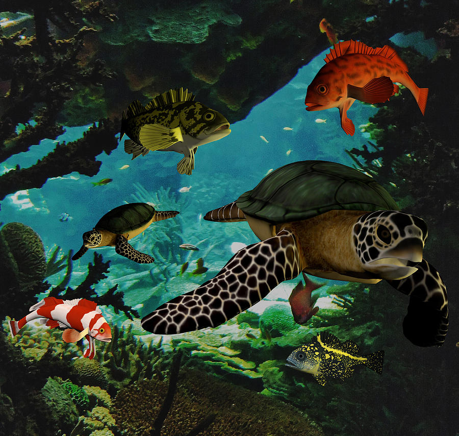 Aquarium Digital Art - Seaturtle - Lenticular by Udo W Klingbeil 