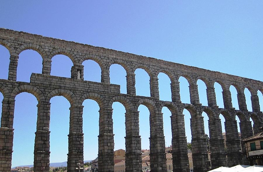 Segovia Ancient Roman Aqueduct Architectural Granite Stone Structure IX With Arches in Sky Spain Photograph by John Shiron