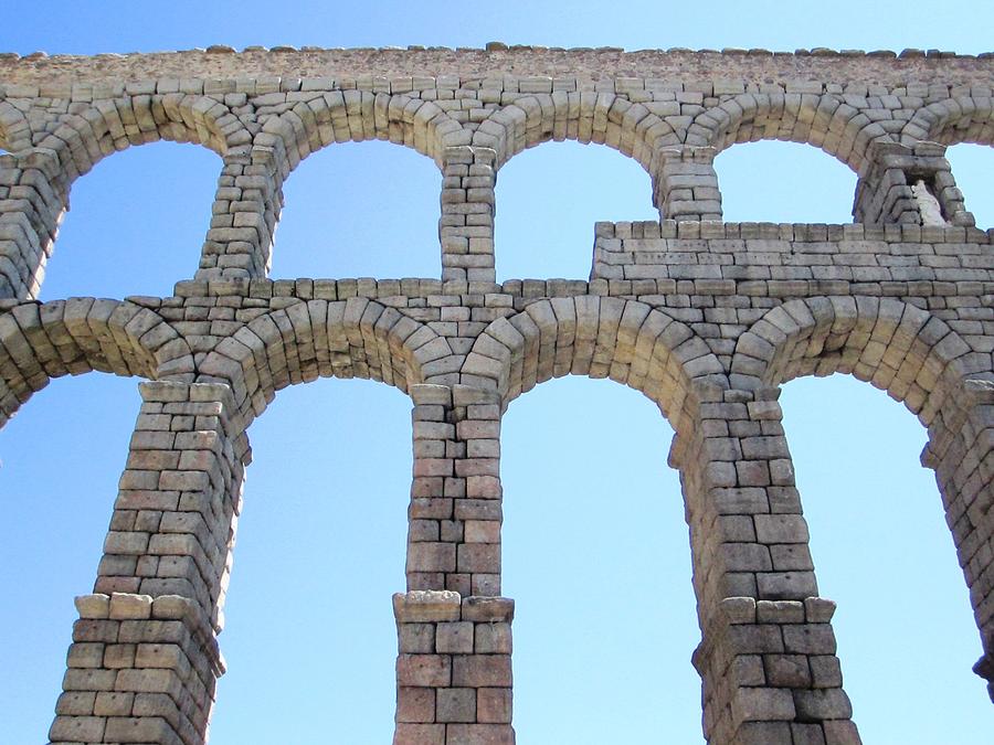 Segovia Ancient Roman Aqueduct Architectural Granite Stone Structure VI With Arches in Sky Spain Photograph by John Shiron