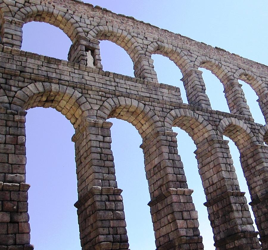 Segovia Ancient Roman Aqueduct Architectural Granite Stone Structure VII With Arches in Sky Spain Photograph by John Shiron