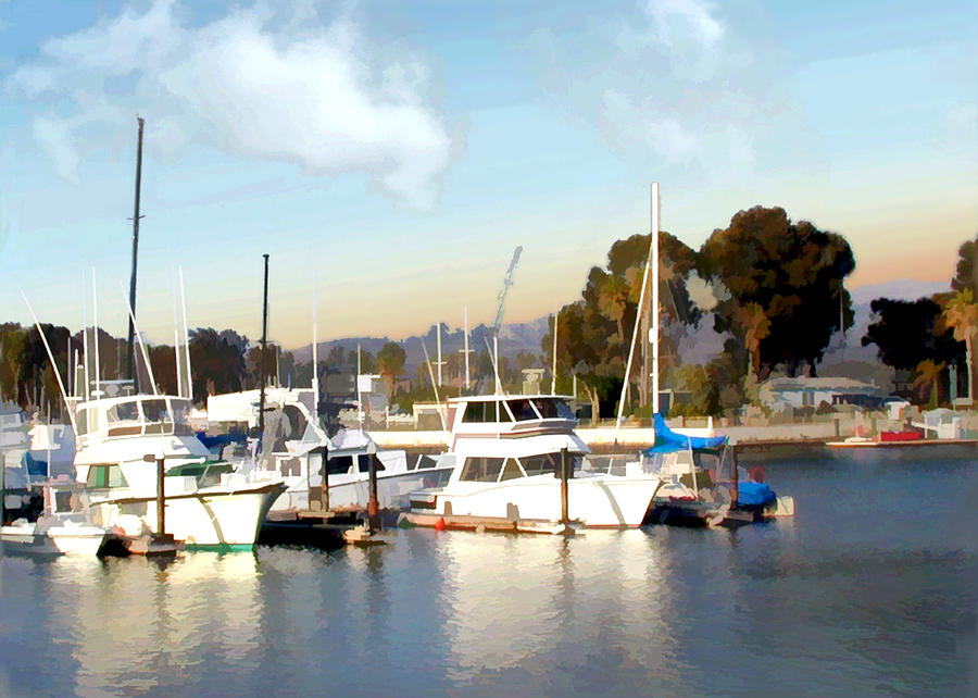Boat Painting - Setting Sun at Dana Point Harbor by Elaine Plesser