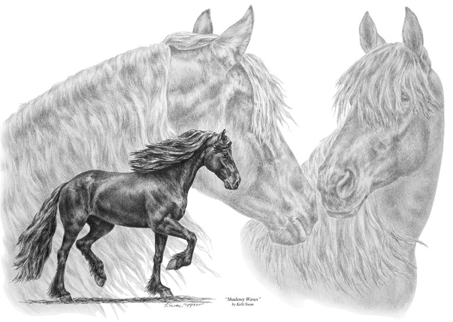 Shadowy Waves - Friesian Horses Art Print Drawing by Kelli Swan