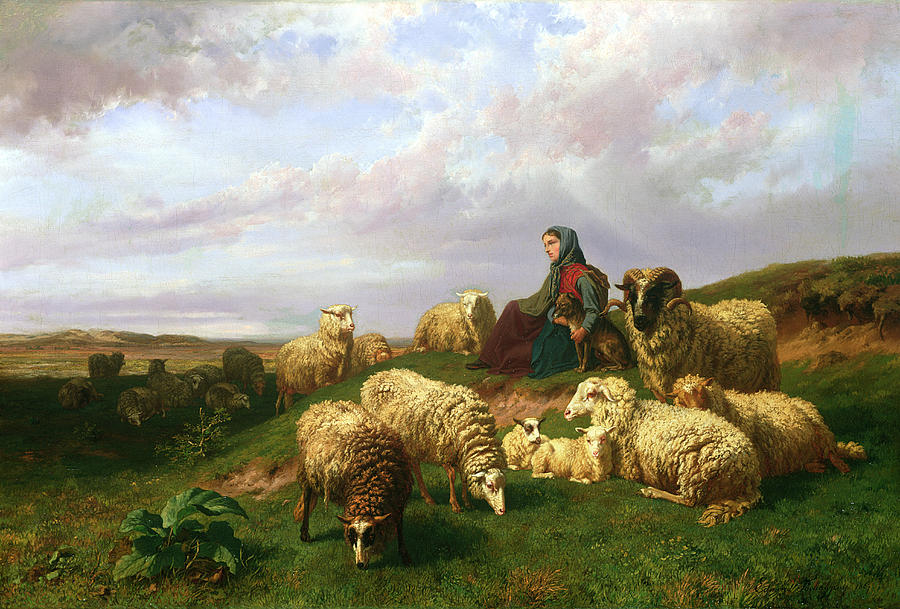 Sheep Painting - Shepherdess resting with her flock by Edmond Jean-Baptiste Tschaggeny