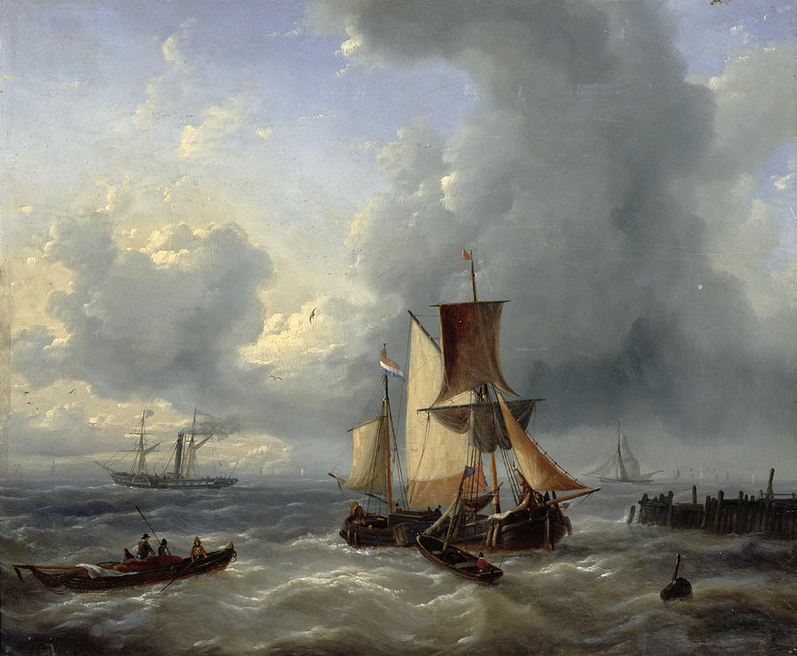 Boat Painting - Shipping off a Jetty by Louis Verboeckhoven