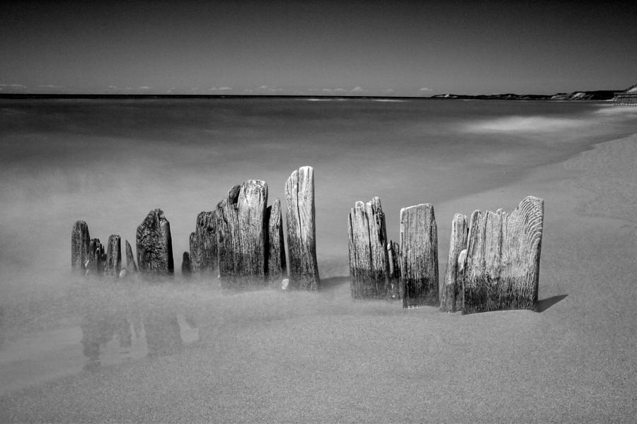 Black And White Photograph - Shore Pilings on a Beach near Arcadia Michigan by Randall Nyhof