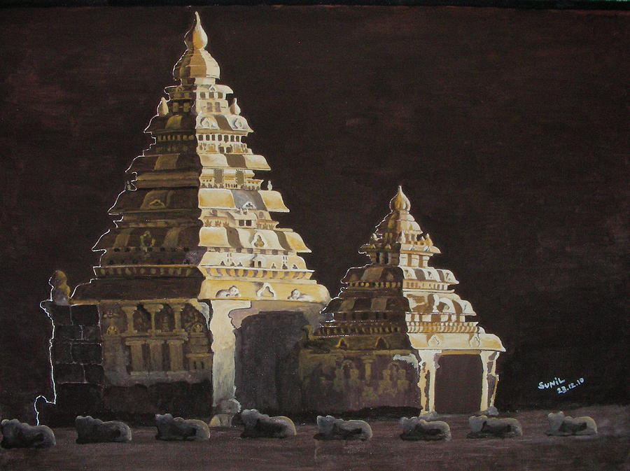 Shore Painting - Shore temple at night by Sunil Palayil