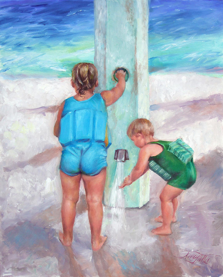 Blue Bathing Suit Painting - Showering at the Beach by Nancy Tilles