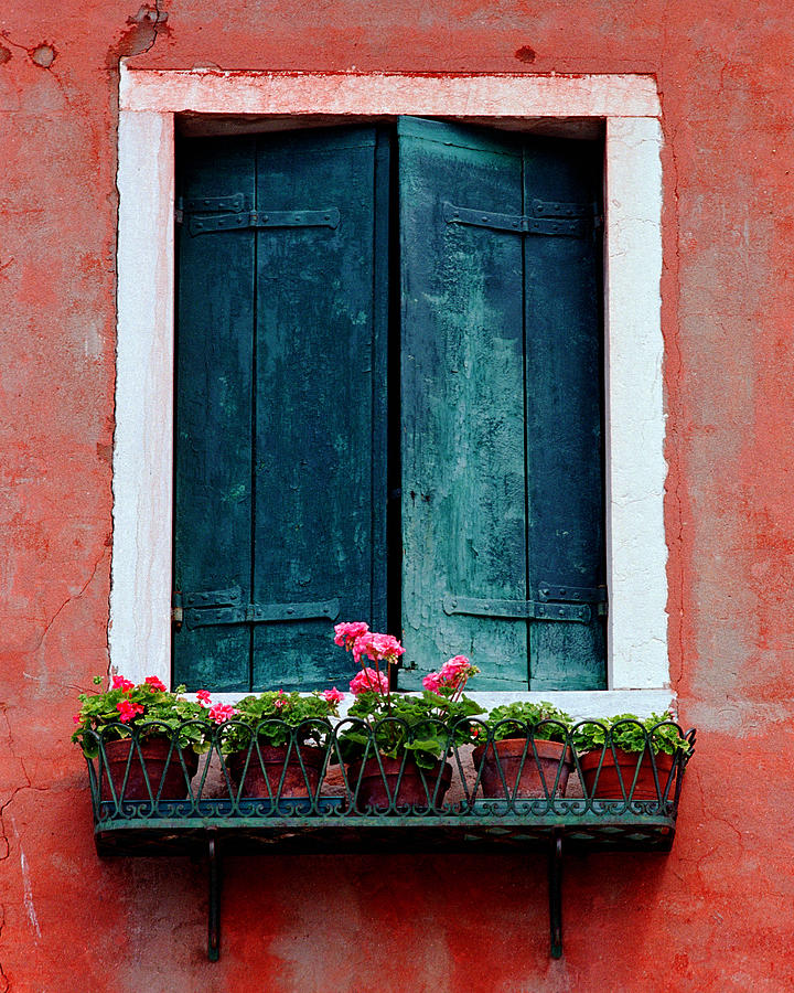Flower Photograph - Shutters and Flower Pots in Venice by Greg Matchick