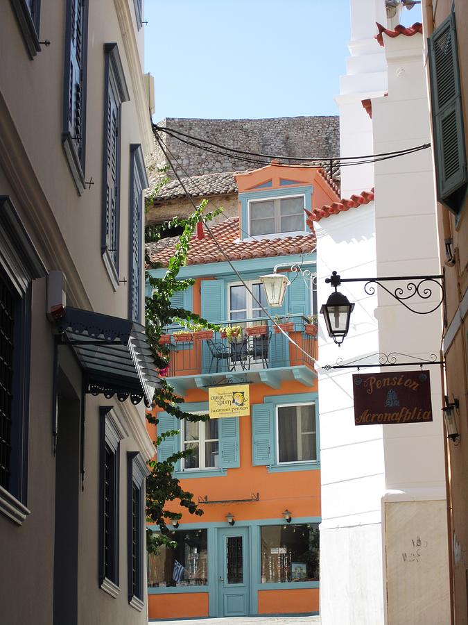 Side Street View of A Building and Lamp Post in Nafplion Greece Photograph by John Shiron