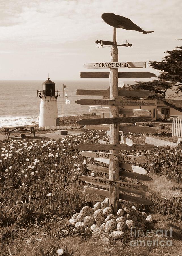 Sign at Point Montara Lighthouse - Sepia Photograph by Carol Groenen