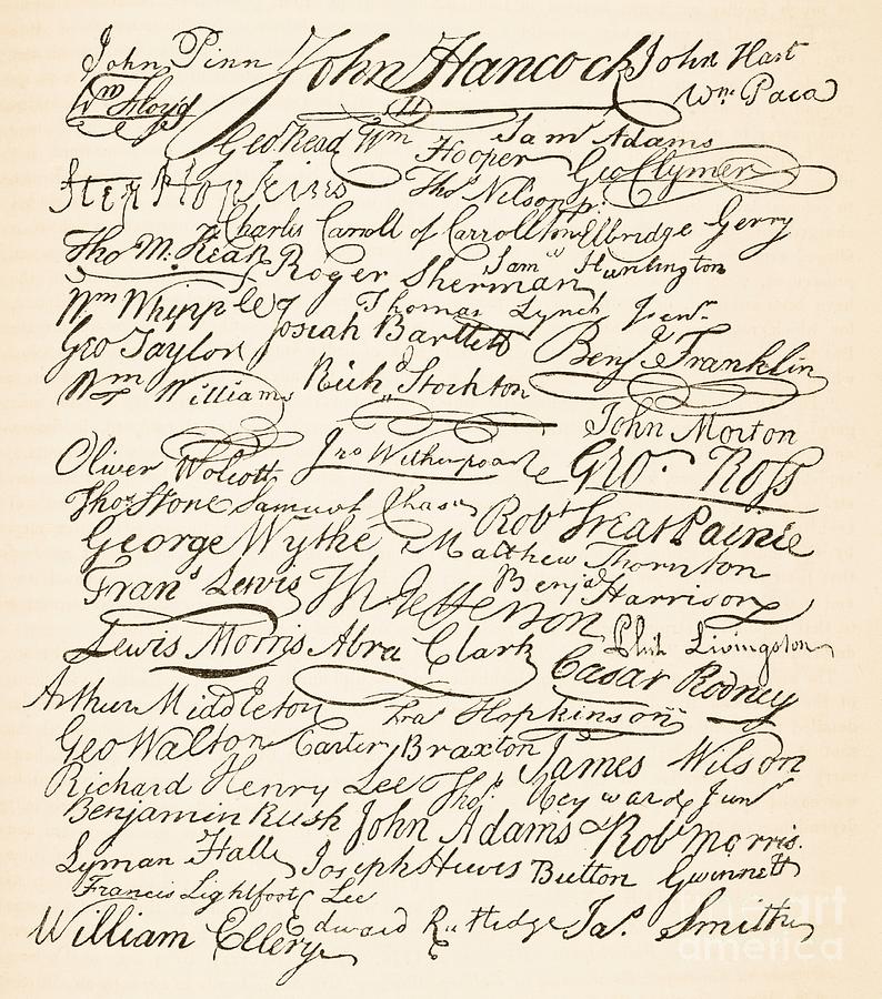 Signatures attached to the American Declaration of Independence of 1776 Painting by Founding Fathers