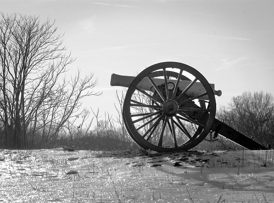 Sunset Photograph - Silent Cannon in Winter Black and White by Judi Quelland