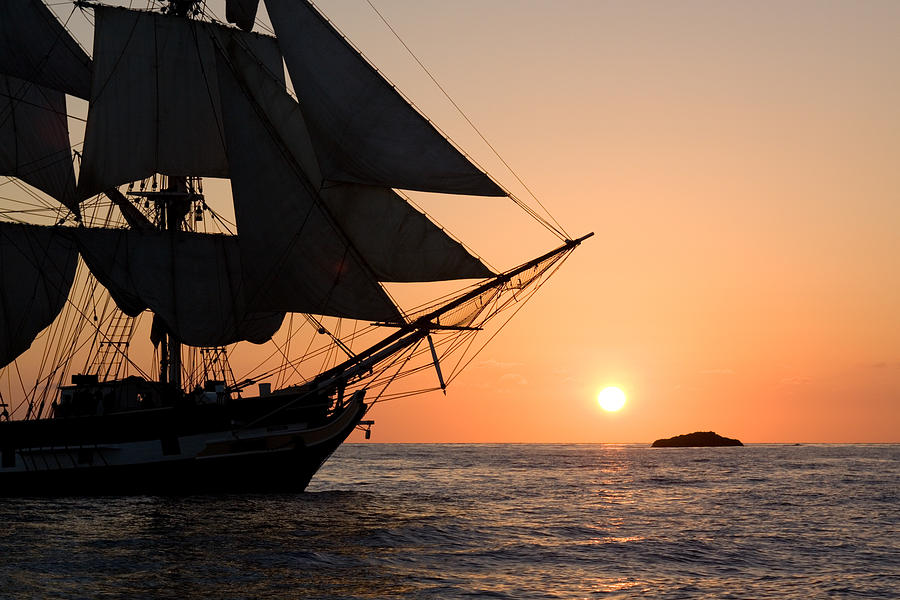 Sunset Photograph - Silhouette of tall ship at sunset by Cliff Wassmann