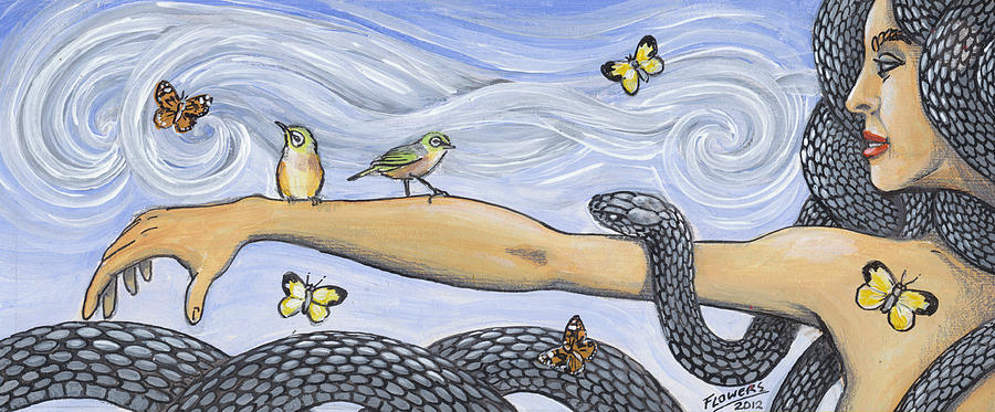 Snake Painting - Silver-eyes and butterflies by Bill Flowers
