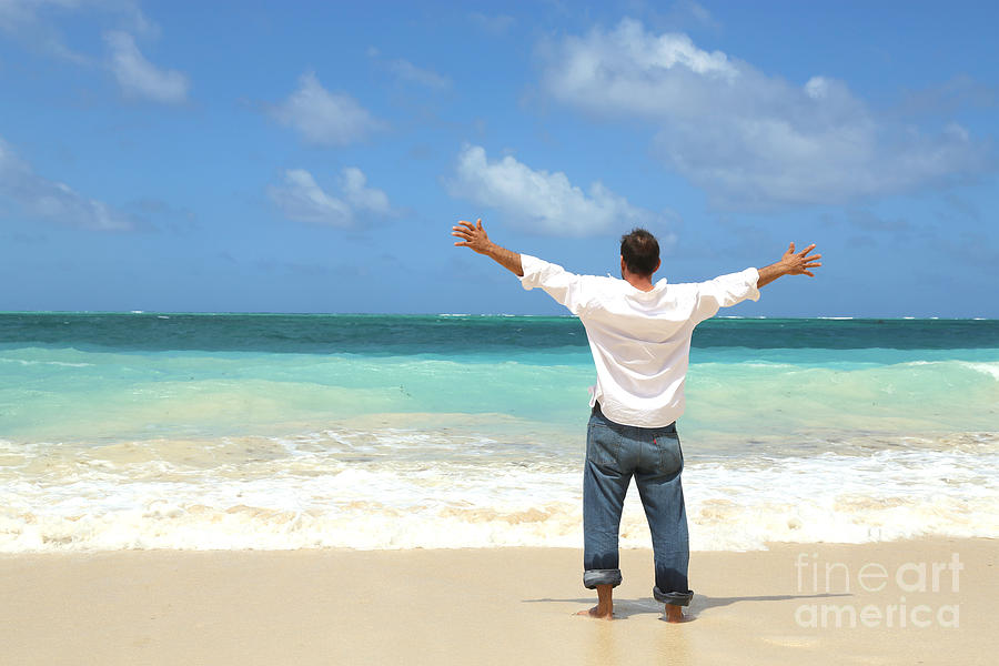 Single Male Standing On Beach Facing Ocean Open Arms Photograph by ...