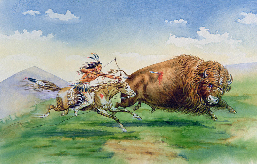 Sioux Hunting Buffalo on Decorated Pony Painting by American School