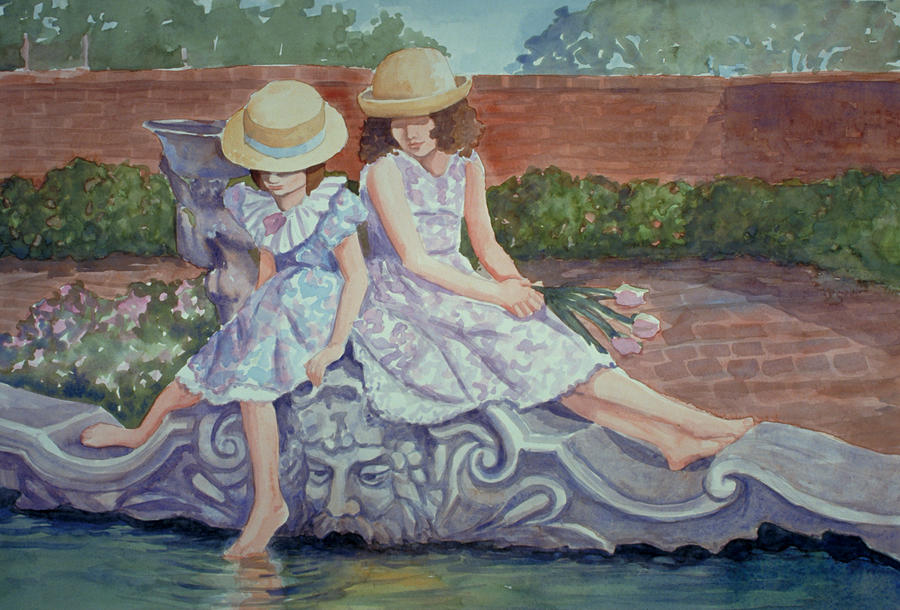 Sisters at the Fountain Painting by Audrey Peaty