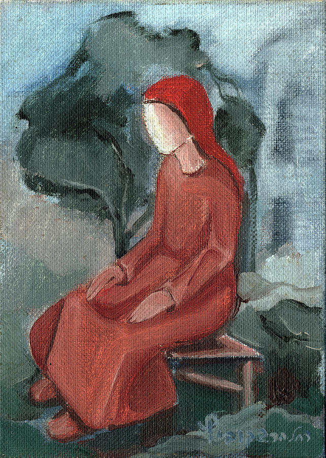 Sitting ginger red hair woman with brown dress chair green gray blue background tree in large stain  Painting by Rachel Hershkovitz