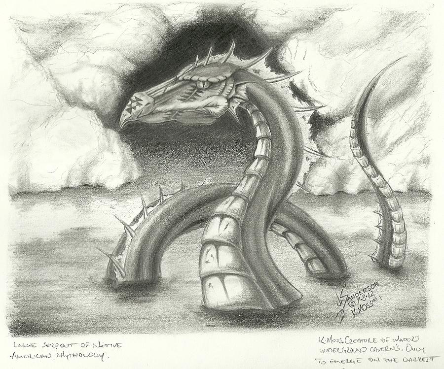 sketch of K-Moss tribal myth of the river. Drawing by Jr Sanderson