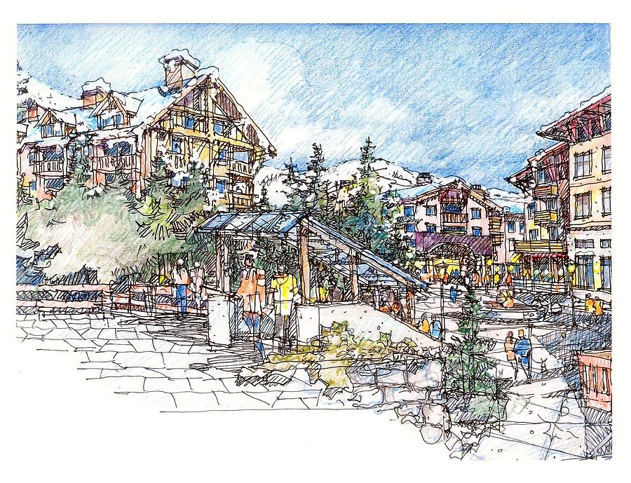 Ski Village Drawing by Andrew Drozdowicz