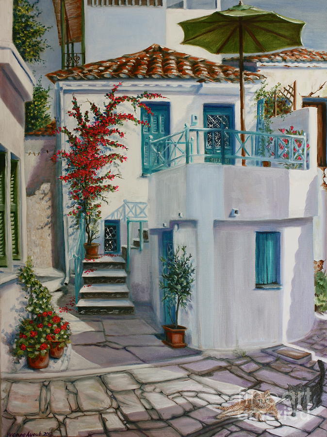 Skiathos Townhouse Painting by Yvonne Ayoub