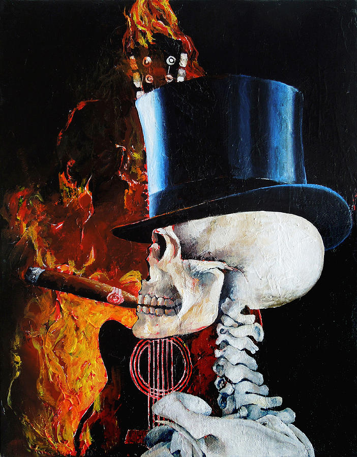 Halloween Painting - Skull with Top Hat Cigar and Guitar by Johanna Uribes