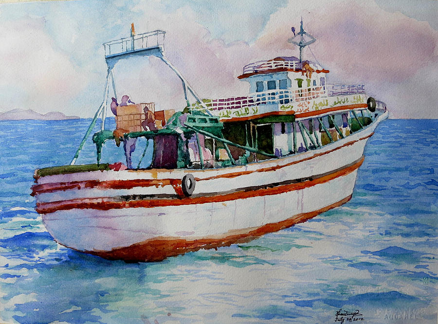 Lebanon Painting - Small cargo ship by Ghazi Toutounji