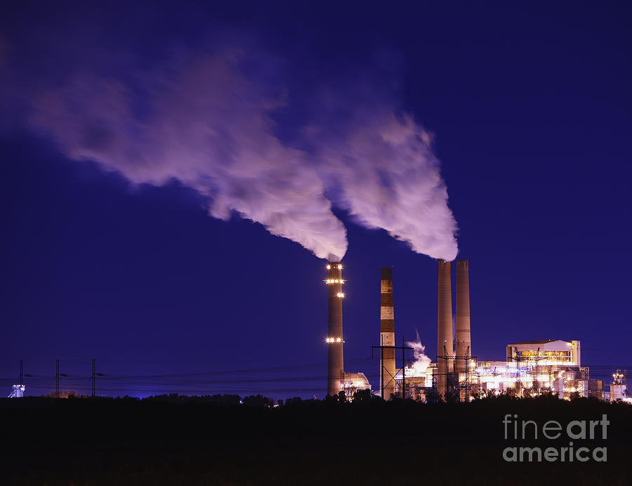 Smokestacks Billowing Smoke At Night Photograph by Skip Nall